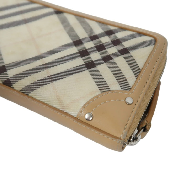 BURBERRY CHECK PATTERN ZIP AROUND LONG WALLET CANVAS LEATHER BEIGE BROWN SILVER HEART CHARM HARDWARE