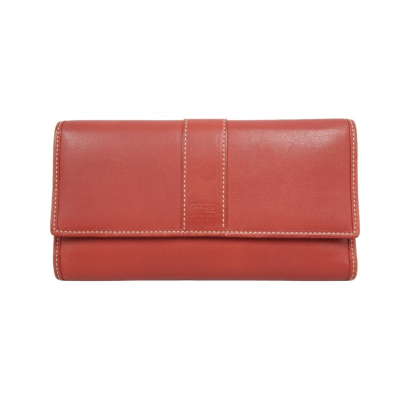 COACH Leather Long Snap Wallet Red With Stitching Detail