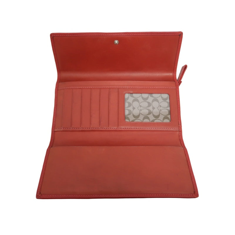 COACH Leather Long Snap Wallet Red With Stitching Detail