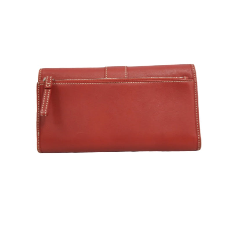 COACH Leather Long Snap Wallet Red With Stitching Detail
