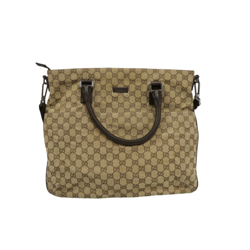 GUCCI GG Canvas Tote Bag Beige×Brown With Shoulder Strap Silver Hardware