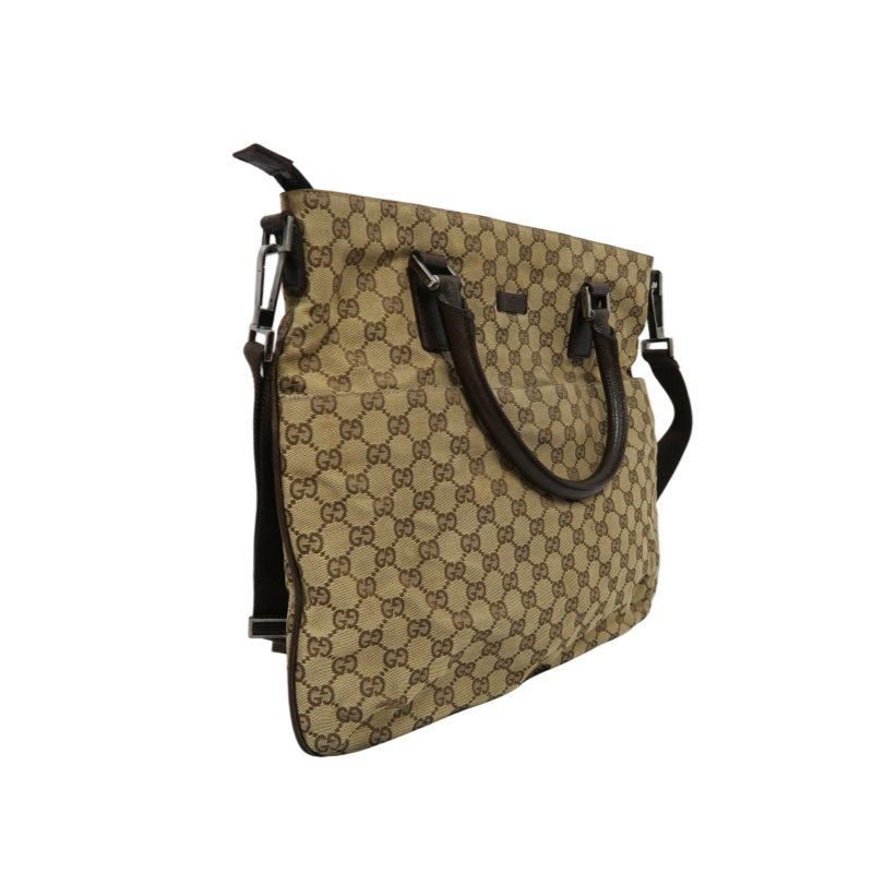 GUCCI GG Canvas Tote Bag Beige×Brown With Shoulder Strap Silver Hardware