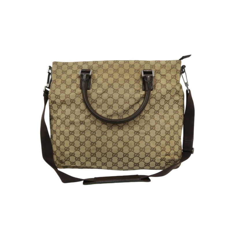 GUCCI GG Canvas Tote Bag Beige×Brown With Shoulder Strap Silver Hardware