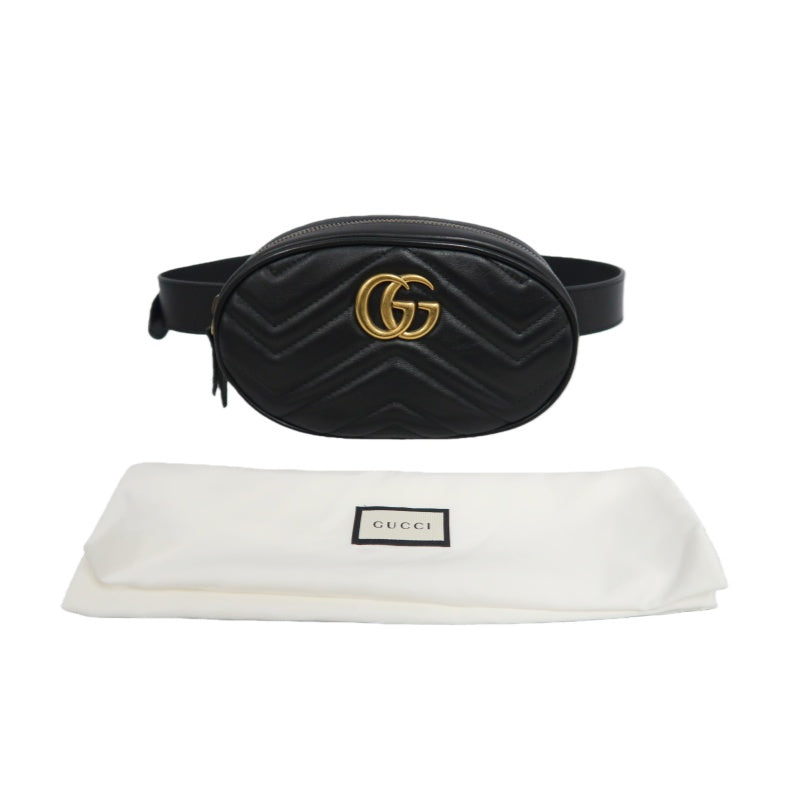 GUCCI Quilted Leather Belt Waist Pouch, Black Lambskin with Gold Hardware, Comes with Dust Bag