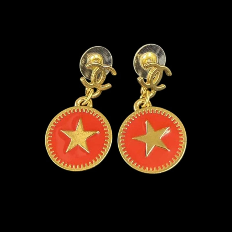CHANEL Coco Mark Star Drop Earrings Enamel Gold Alloy Hardware