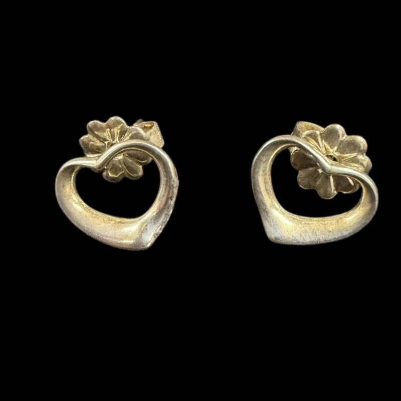 TIFFANY Heart Flower Stud Earrings Sterling Silver 925