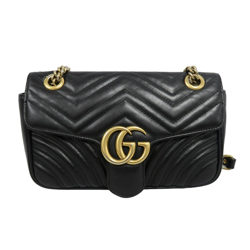 GUCCI Marmont 26 Quilted Shoulder Bag, Black Leather With Black GG Logo 027 mdg
