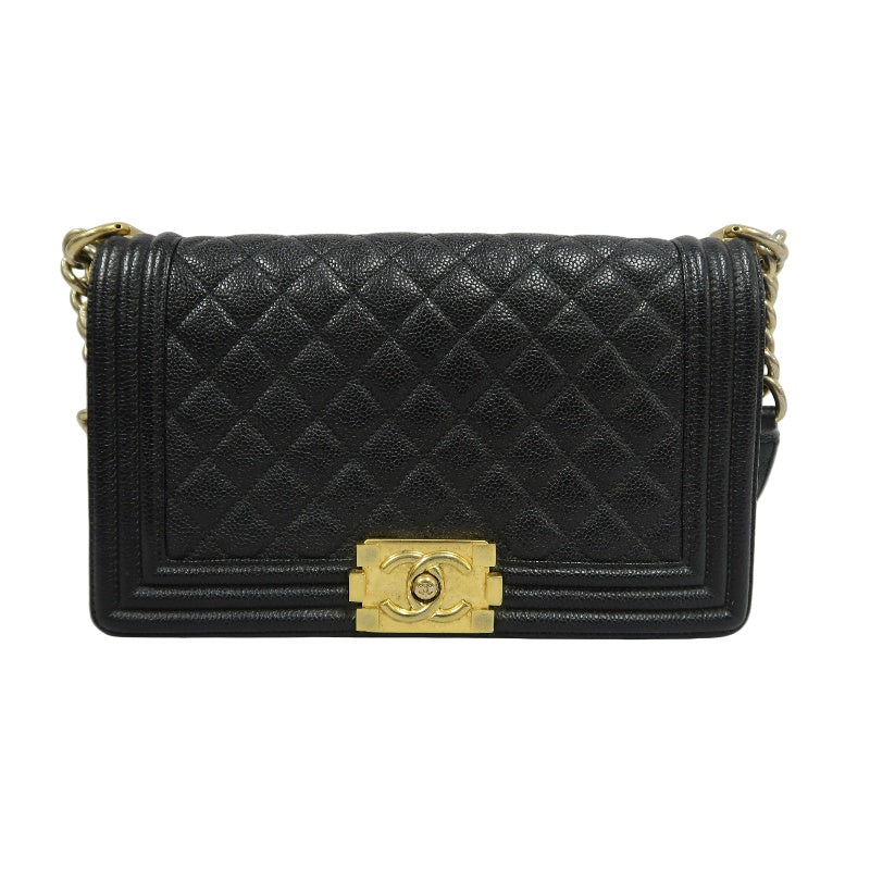 CHANEL Boy Shoulder Bag Caviar Leather Black Gold Hardware