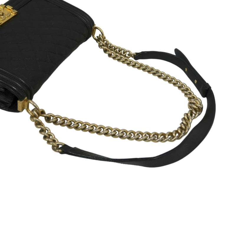 CHANEL Boy Shoulder Bag Caviar Leather Black Gold Hardware