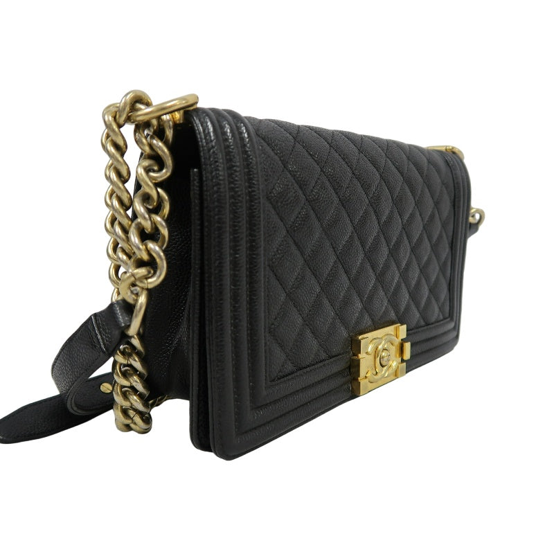 CHANEL Boy Shoulder Bag Caviar Leather Black Gold Hardware
