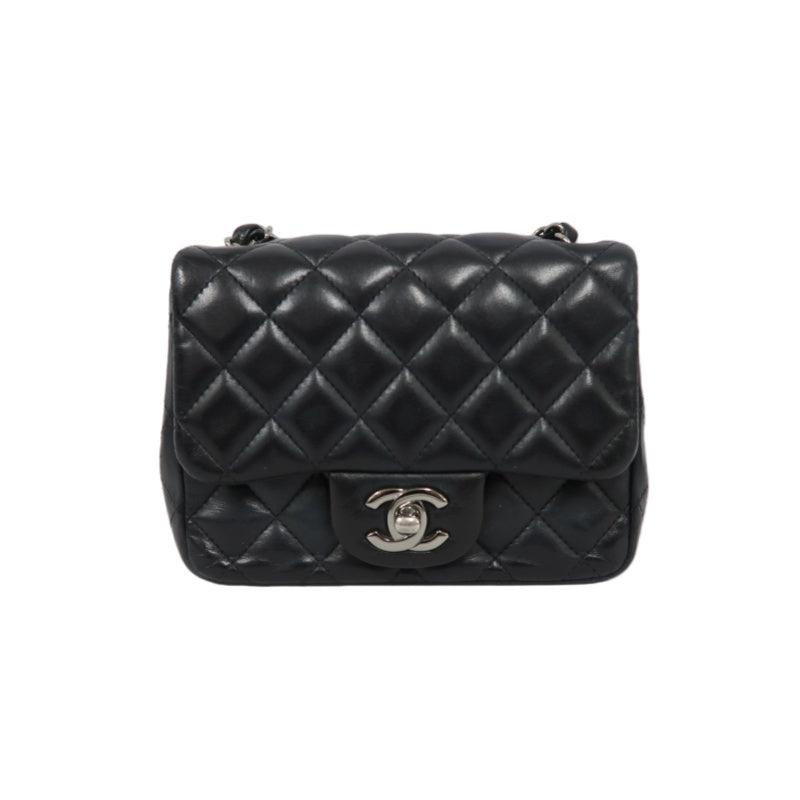 CHANEL Matelassé Square Mini Shoulder Bag Lambskin Black Silver Hardware
