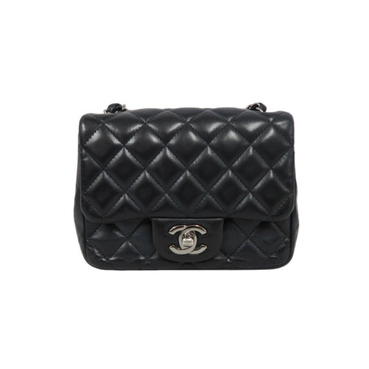 CHANEL Matelassé Square Mini Shoulder Bag Lambskin Black Silver Hardware