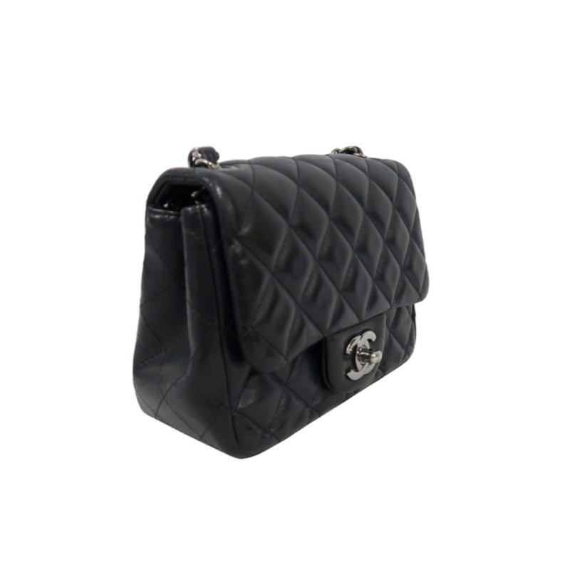 CHANEL Matelassé Square Mini Shoulder Bag Lambskin Black Silver Hardware