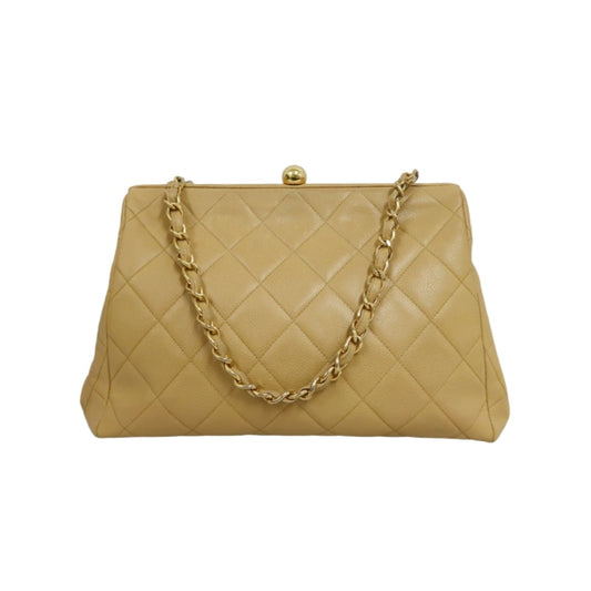 CHANEL Matelassé Shoulder Bag Calfskin Beige Gold Hardwar
