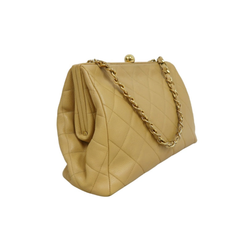 CHANEL Matelassé Shoulder Bag Calfskin Beige Gold Hardwar