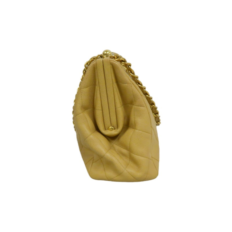 CHANEL Matelassé Shoulder Bag Calfskin Beige Gold Hardwar