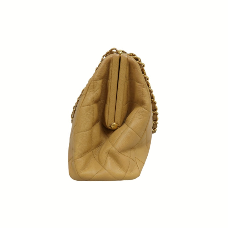 CHANEL Matelassé Shoulder Bag Calfskin Beige Gold Hardwar