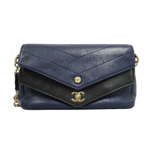 CHANEL Chevron Shoulder Bag Calfskin Navy/Black Gold Hardware