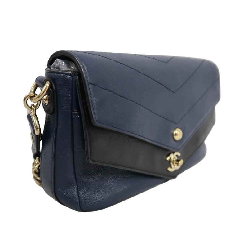 CHANEL Chevron Shoulder Bag Calfskin Navy/Black Gold Hardware