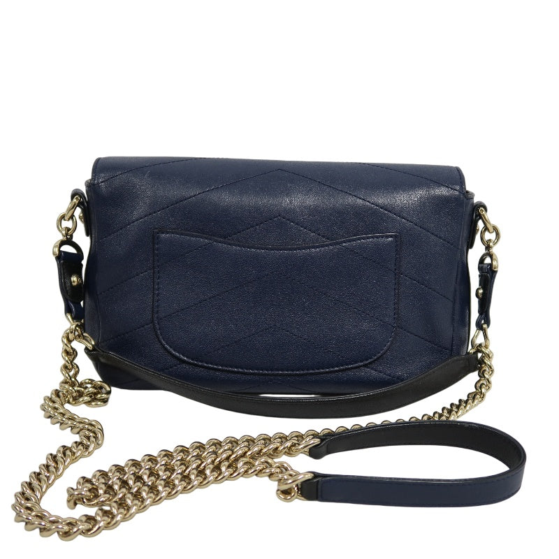 CHANEL Chevron Shoulder Bag Calfskin Navy/Black Gold Hardware