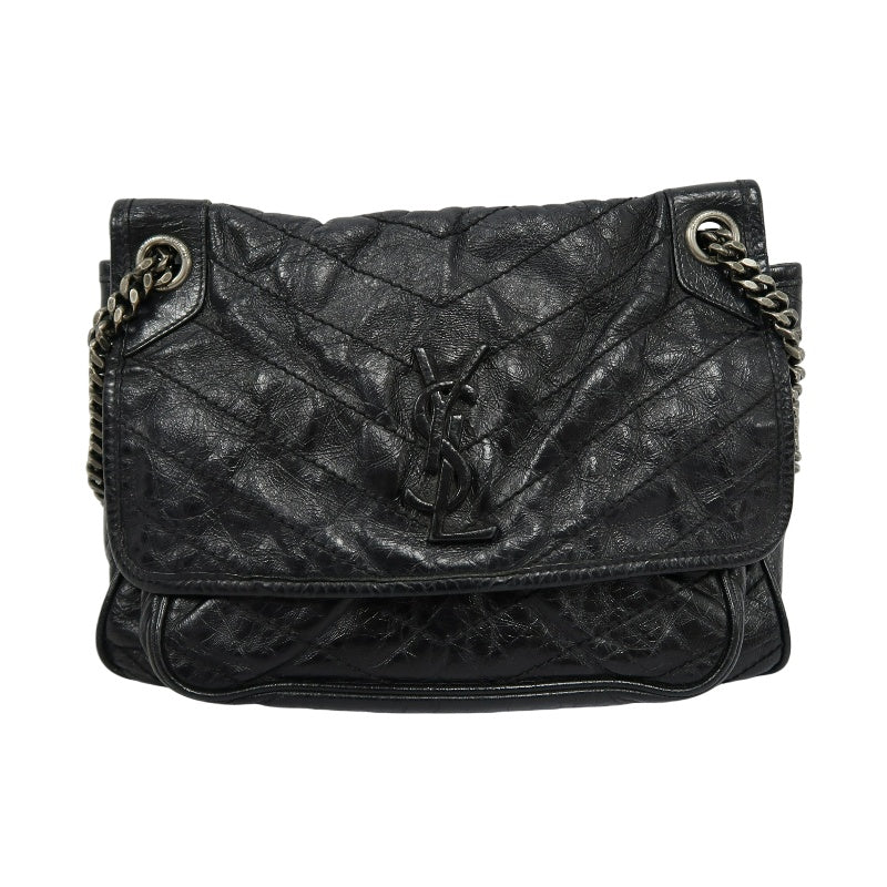 YSL Saint Laurent Niki Shoulder Bag Oiled Leather Black Silver Hardware