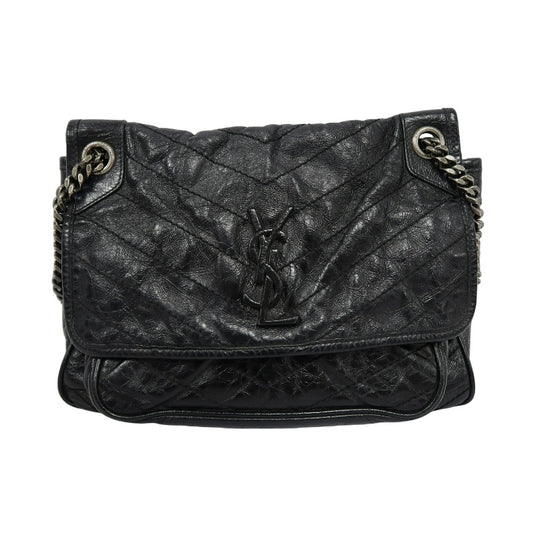 YSL Saint Laurent Niki Shoulder Bag Oiled Leather Black Silver Hardware