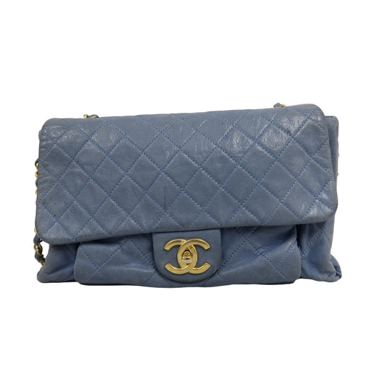 CHANEL Matelasse Shoulder Bag Calfskin Navy Blue Gold Hardware