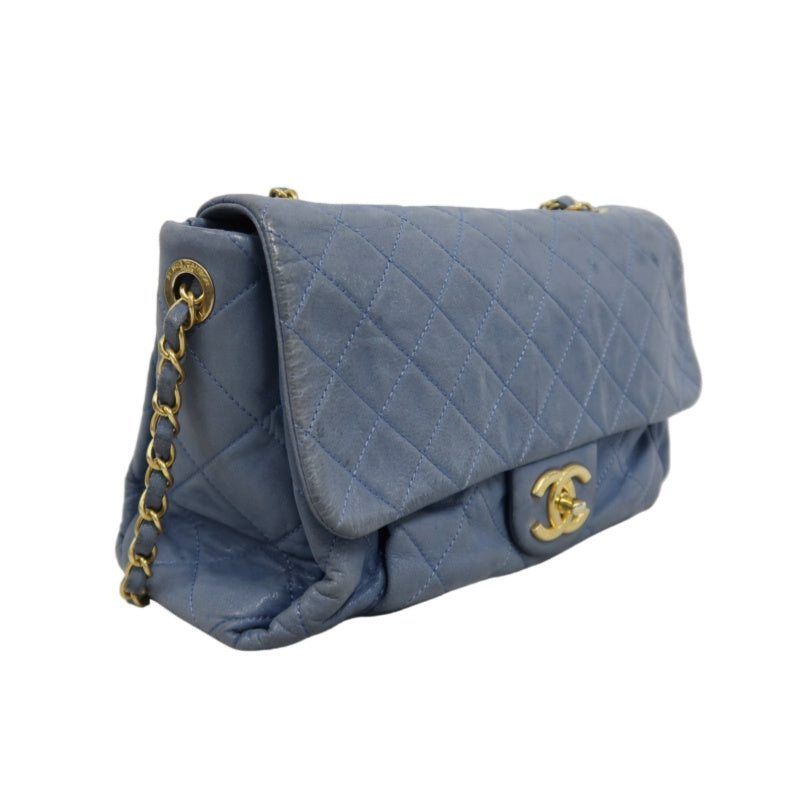 CHANEL Matelasse Shoulder Bag Calfskin Navy Blue Gold Hardware