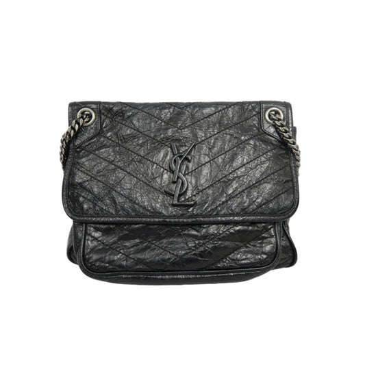 YSL Saint Laurent Niki Shoulder Bag Oiled Leather Black Silver Hardware
