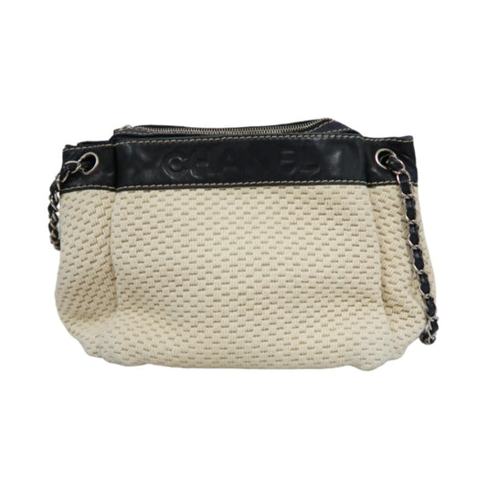 CHANEL Canvas Shoulder Bag Beige/Black Silver Hardware