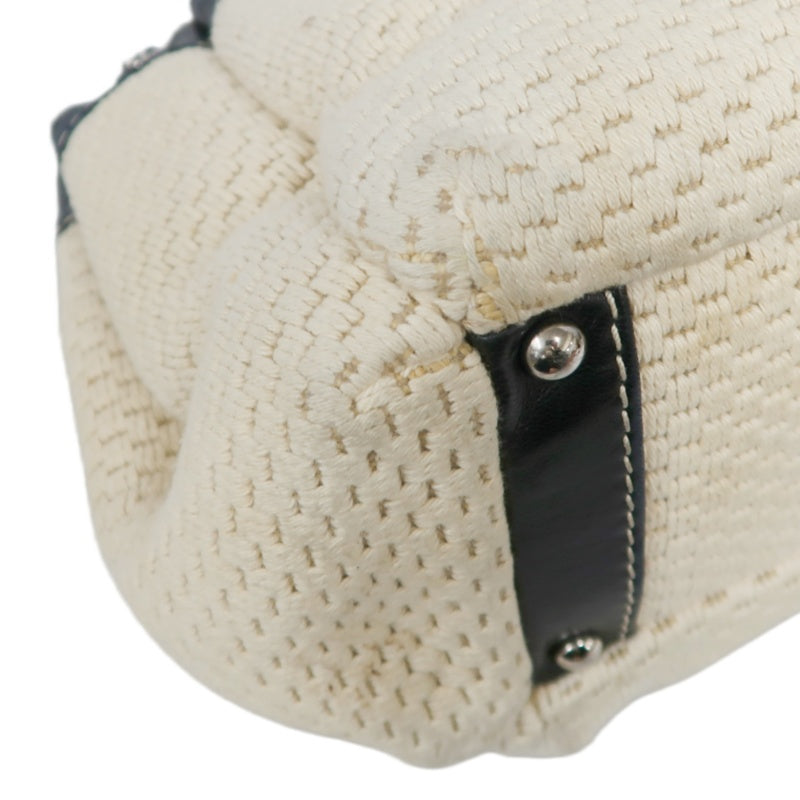 CHANEL Canvas Shoulder Bag Beige/Black Silver Hardware