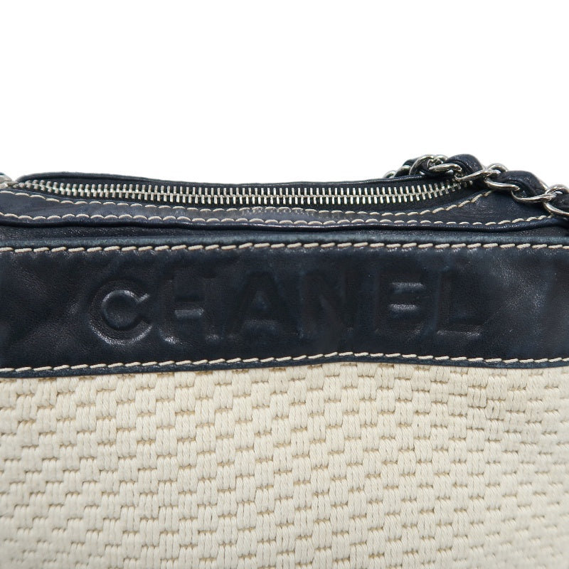 CHANEL Canvas Shoulder Bag Beige/Black Silver Hardware
