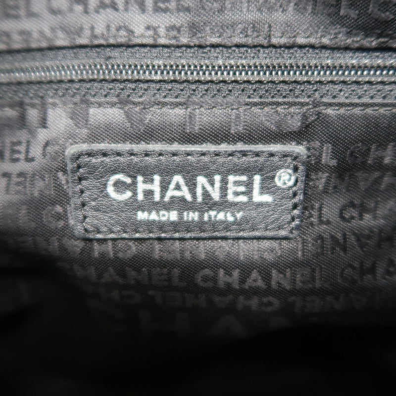 CHANEL Canvas Shoulder Bag Beige/Black Silver Hardware