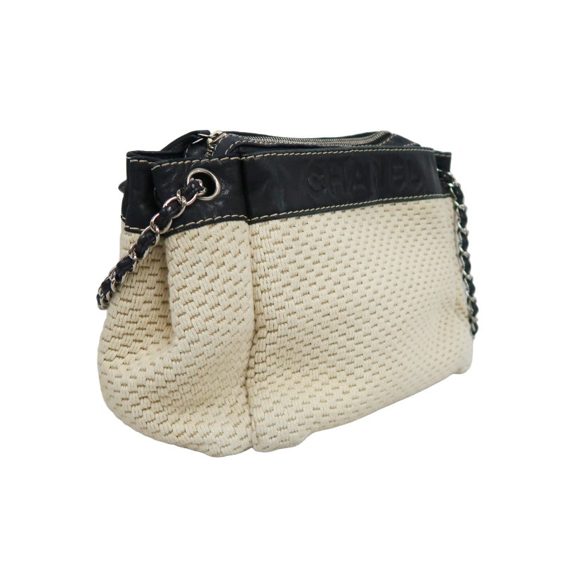 CHANEL Canvas Shoulder Bag Beige/Black Silver Hardware