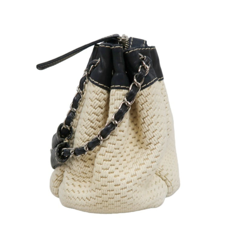 CHANEL Canvas Shoulder Bag Beige/Black Silver Hardware