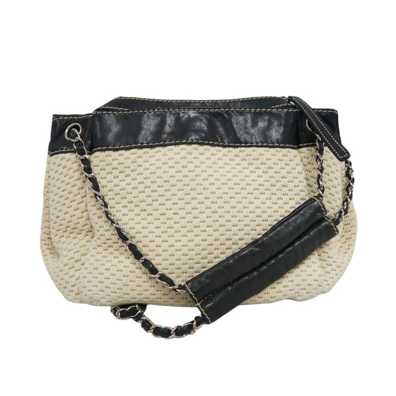 CHANEL Canvas Shoulder Bag Beige/Black Silver Hardware