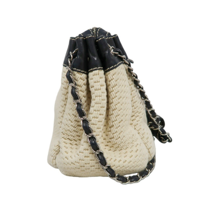 CHANEL Canvas Shoulder Bag Beige/Black Silver Hardware