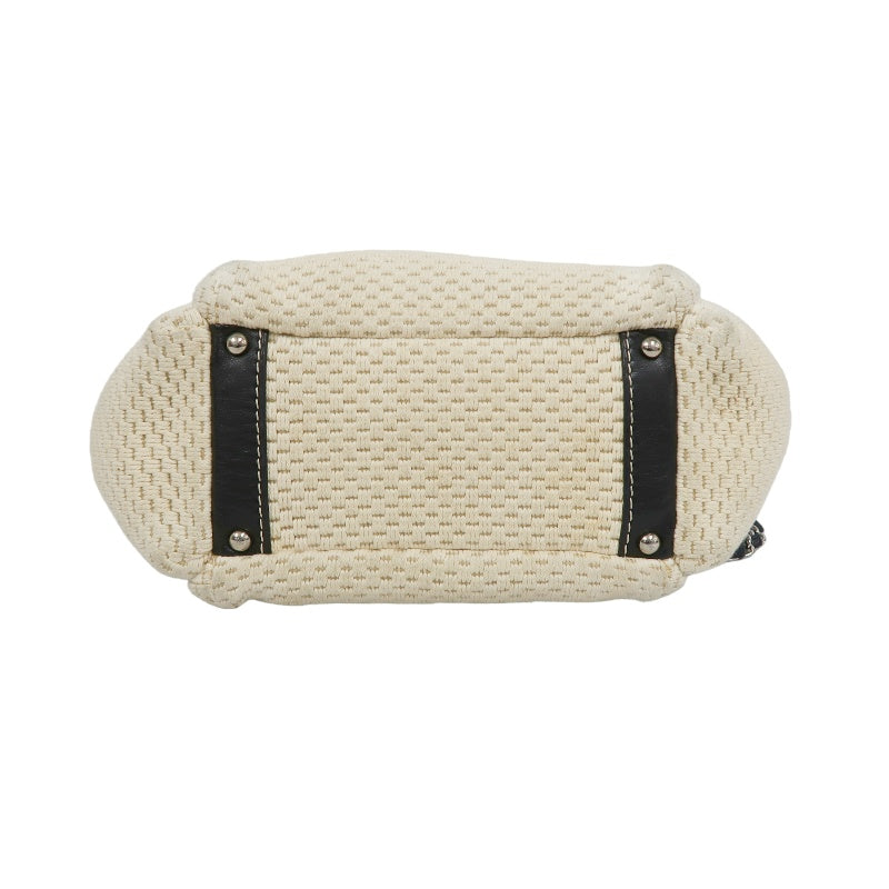 CHANEL Canvas Shoulder Bag Beige/Black Silver Hardware