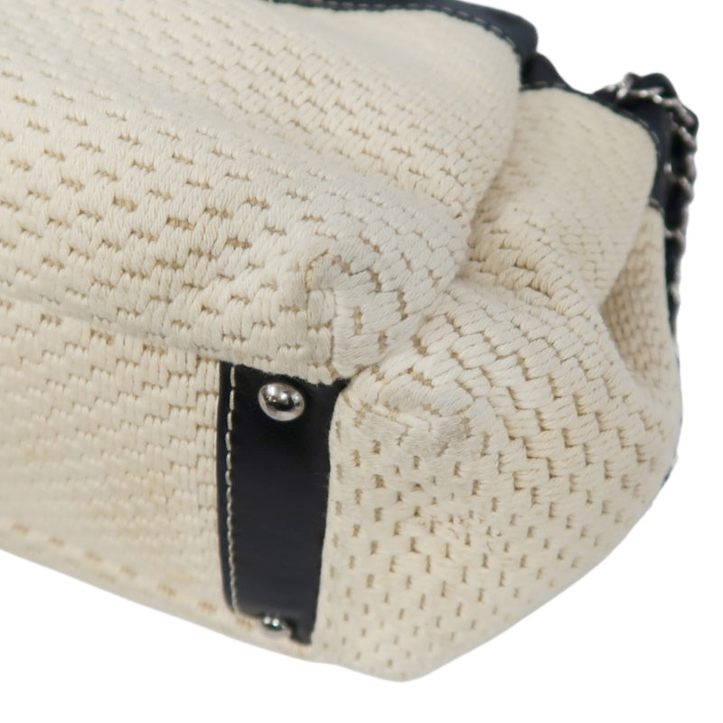 CHANEL Canvas Shoulder Bag Beige/Black Silver Hardware
