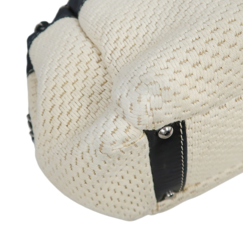 CHANEL Canvas Shoulder Bag Beige/Black Silver Hardware