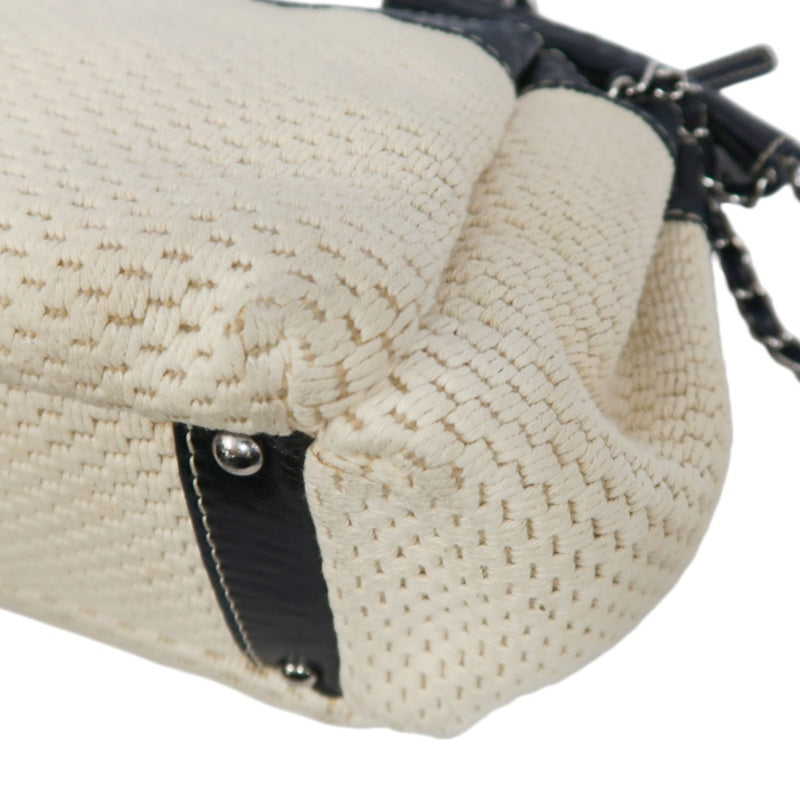 CHANEL Canvas Shoulder Bag Beige/Black Silver Hardware