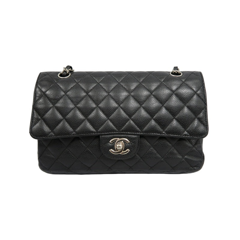 CHANEL Classic Flap Matelasse Shoulder Bag Caviar Leather Black Silver Hardware