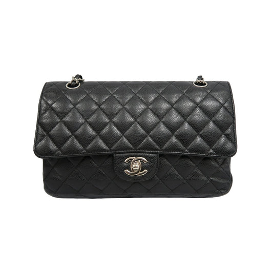 CHANEL Classic Flap Matelasse Shoulder Bag Caviar Leather Black Silver Hardware