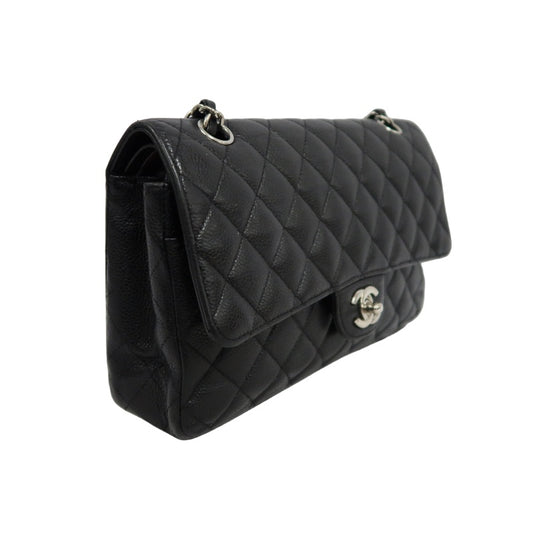 CHANEL Classic Flap Matelasse Shoulder Bag Caviar Leather Black Silver Hardware