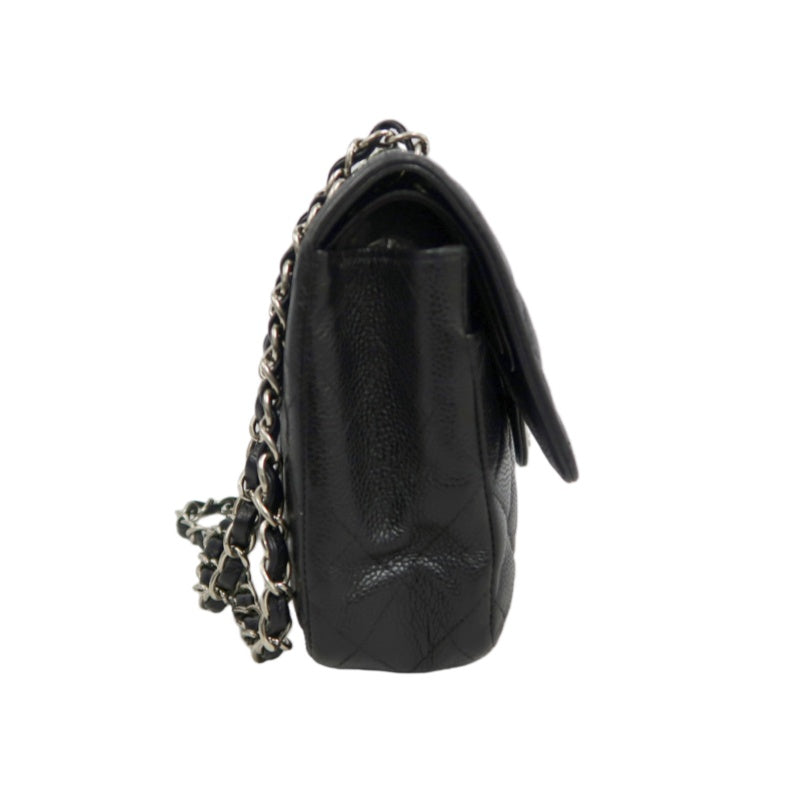 CHANEL Classic Flap Matelasse Shoulder Bag Caviar Leather Black Silver Hardware
