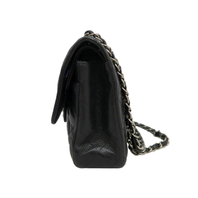 CHANEL Classic Flap Matelasse Shoulder Bag Caviar Leather Black Silver Hardware