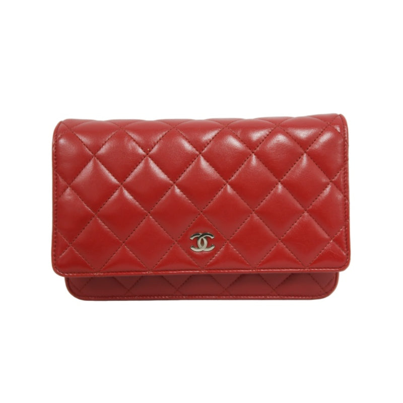 CHANEL Matelasse WOC Wallet On Chain Shoulder Bag Calfskin Red Silver Hardware