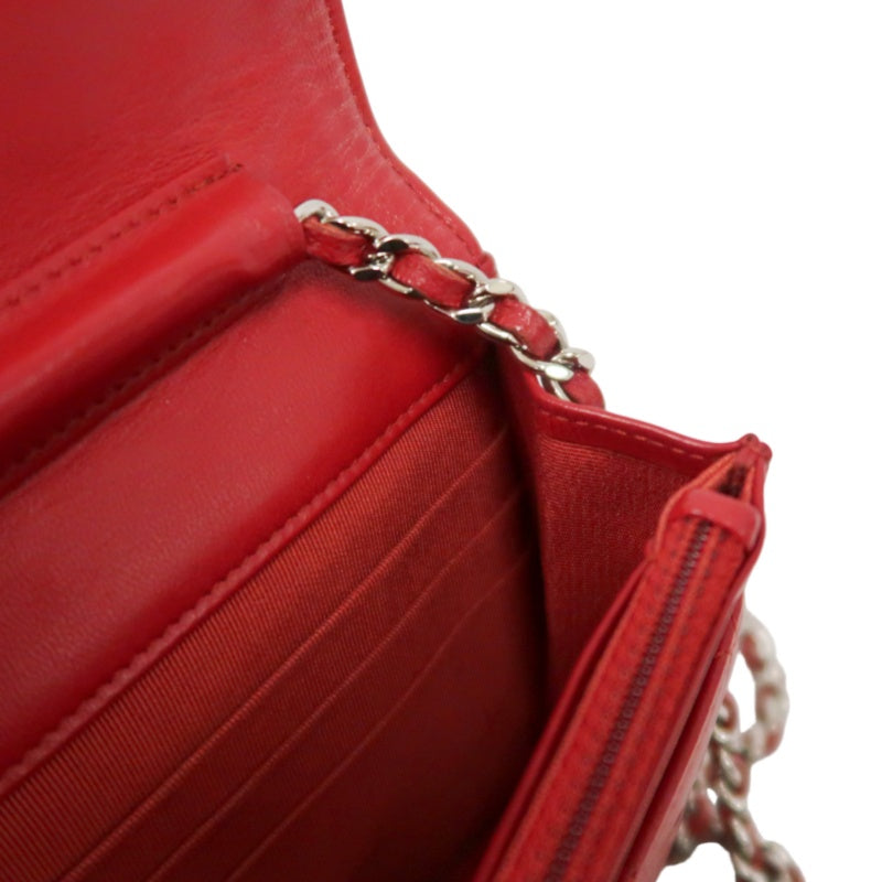 CHANEL Matelasse WOC Wallet On Chain Shoulder Bag Calfskin Red Silver Hardware