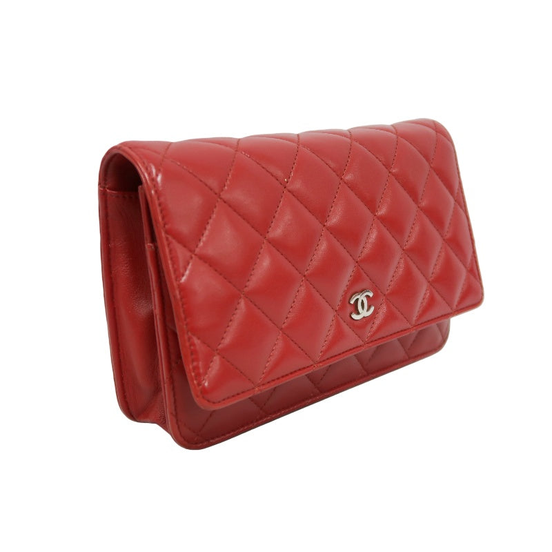 CHANEL Matelasse WOC Wallet On Chain Shoulder Bag Calfskin Red Silver Hardware