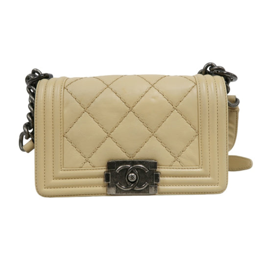 CHANEL Boy Leboy Shoulder Bag Calfskin Beige Silver Hardware